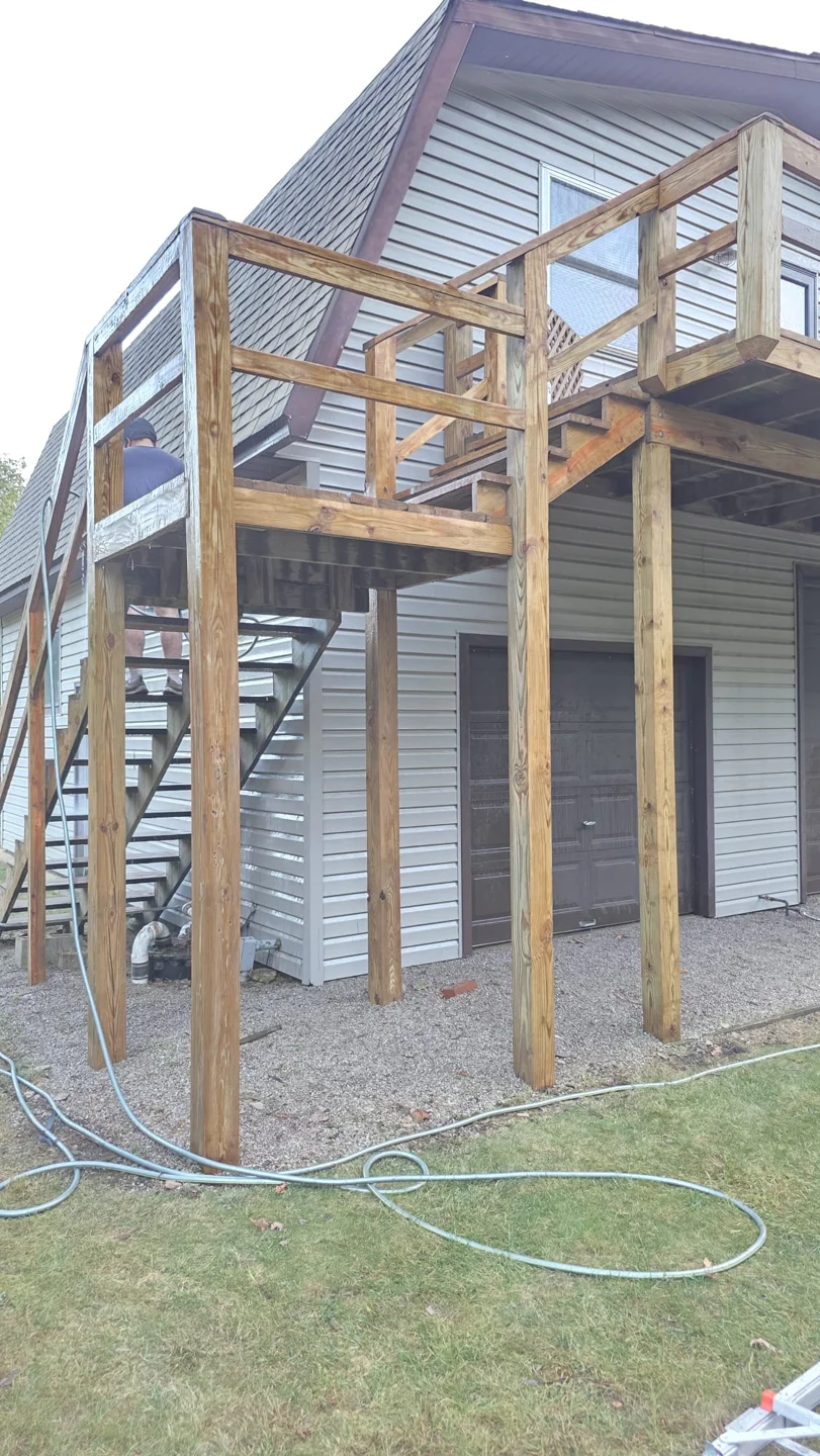 Elevated deck, posts and stairs