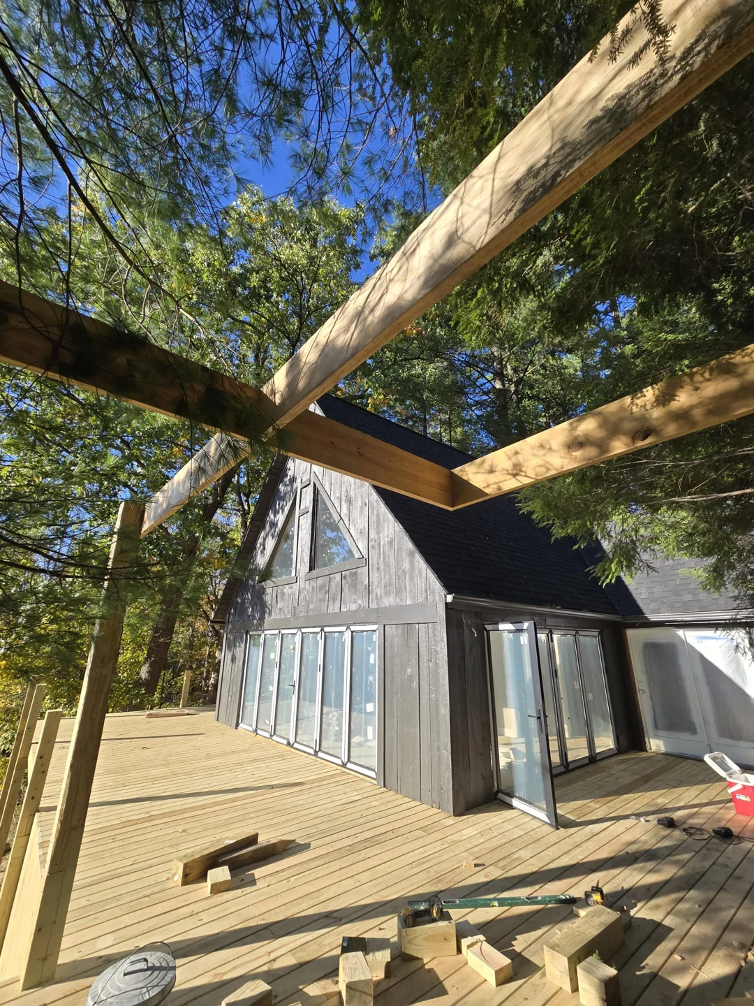 Timber framing above a deck